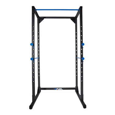 Black steel power rack with blue pull-up grips and adjustable multi-height steel pin holes