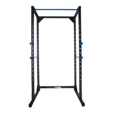 Black steel power rack frame with blue safety pins, adjustable multipurpose home gym fitness stand