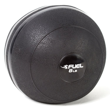 Black 8 lb weighted fitness ball with textured rubber grip surface