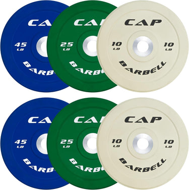 CAP Barbell bumper weight plates set in blue, green, and ivory—rubber-coated 10 lb and 25/45 lb