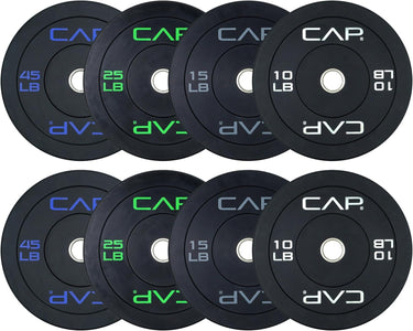 CAP rubber weight plates set, black bumper plates with 10/15/25/45 lb markings