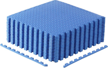 Blue interlocking EVA foam floor mats with textured traction surface for home gym, tiles and edging