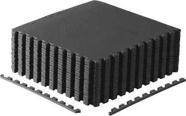 Black interlocking foam puzzle mat set with textured surface for floor protection