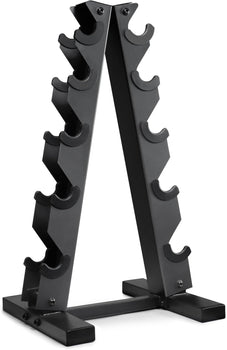 Black metal dumbbell stand rack with multiple U-shaped holders for gym storage