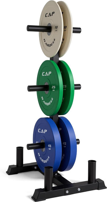 3-tier steel weight plate set rack in black with green and blue CAP barbell plates
