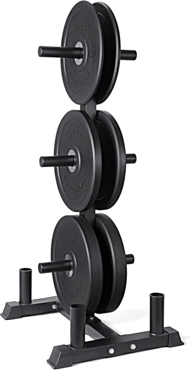 Black 3-tier weight plate storage stand with steel base for gym dumbbells and barbells