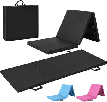Folding gym mat set with cushion, black PU leather, includes chair positions and carrying straps