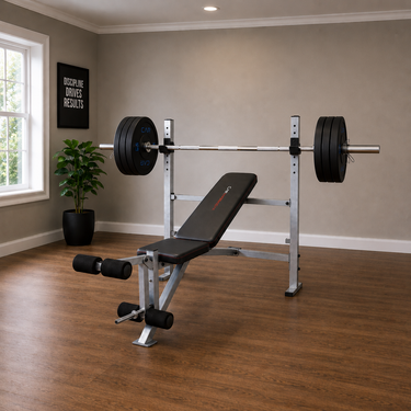 Adjustable weight bench press set with steel frame, black padded bench and barbell plates