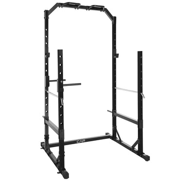 Black steel power rack squat stand with adjustable J-hooks and safety arms