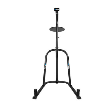 Black steel fitness squat stand with adjustable height and wide base for strength training