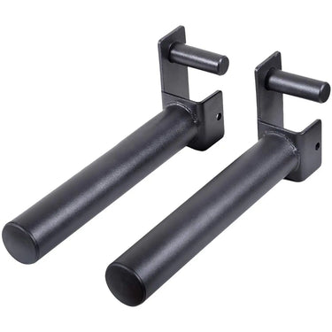 Black metal wall mount brackets with two tubular supports for securing racks or rails