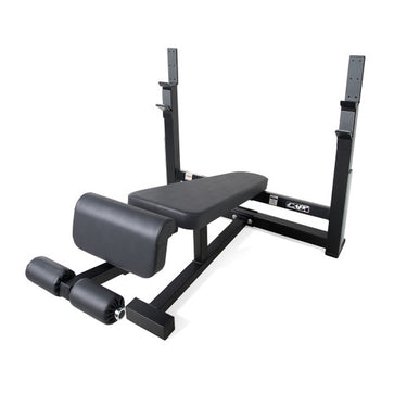 Adjustable weight bench with black steel frame and padded seat and backrest