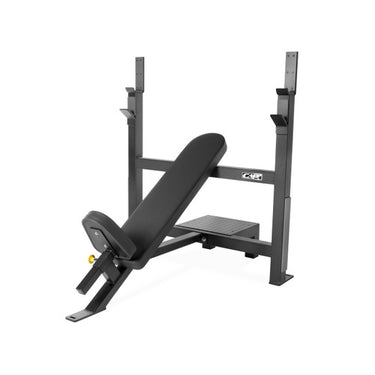 Black adjustable weight bench press machine with steel frame and leg support platform
