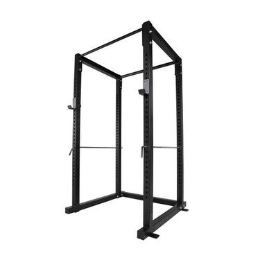 Black steel power rack frame for home gym with adjustable perforated uprights