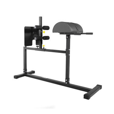 Black steel preacher curl and dip machine with padded arm supports and weight bar