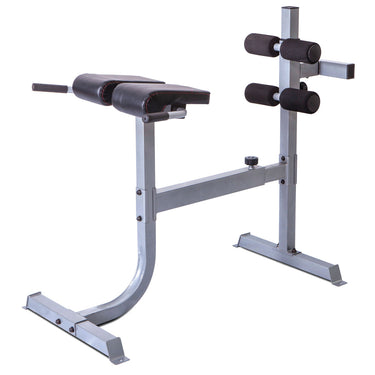 Adjustable weight bench with black foam rollers and steel frame, gym strength training