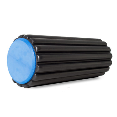 Black and blue foam massage roller, compact cylindrical fitness recovery tool