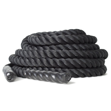 Black braided battle rope attachment with rubber end grips and durable textured material