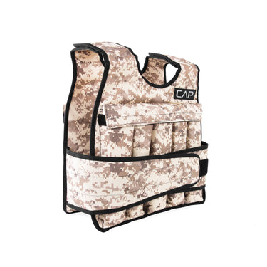 Camouflage insulated cooler bag with black handles, fabric exterior and CAP logo patch