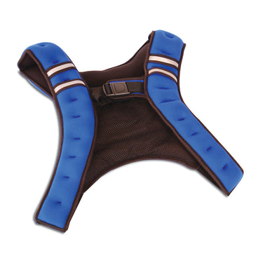 Blue and brown neoprene dog harness with padded straps and mesh breathable lining