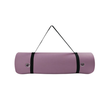 Purple roll-up yoga mat with black carrying strap and grommets