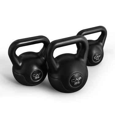 Black adjustable kettlebell handles pair, durable rubber-coated grips with CAP weight plates (15 lb/20 lb).