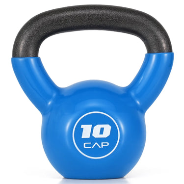 A blue kettlebell with a cast iron handle, featuring a white circular logo on the front that reads '10 CAP' in white text, set against a plain white background.