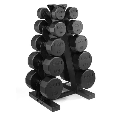 Adjustable dumbbell set black rubber grip steel weight plates on rack
