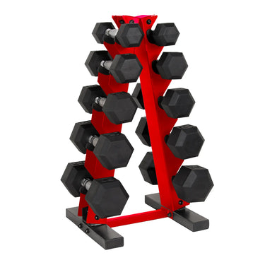 Red adjustable dumbbell rack machine with black hex dumbbells and steel frame for home gym