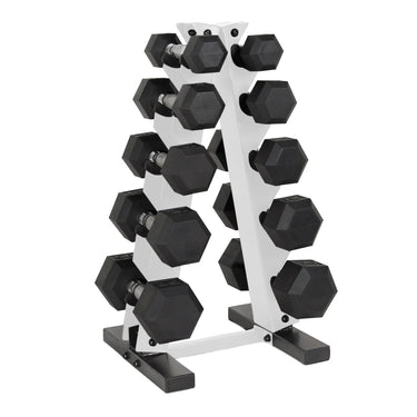 Adjustable dumbbell rack with black hex dumbbells and white powder-coated steel frame