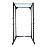 Black steel power rack with blue pull-up grips and adjustable multi-height steel pin holes
