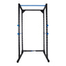 Black steel power rack frame with blue safety pins, adjustable multipurpose home gym fitness stand