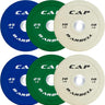 CAP Barbell bumper weight plates set in blue, green, and ivory—rubber-coated 10 lb and 25/45 lb