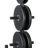 Black 3-tier weight plate storage stand with steel base for gym dumbbells and barbells