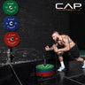 CAP barbell set with green, blue and red weight plates on stand, durable steel gym equipment