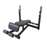 Adjustable weight bench with black steel frame and padded seat and backrest