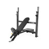 Black adjustable weight bench press machine with steel frame and leg support platform