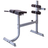 Adjustable weight bench with black foam rollers and steel frame, gym strength training