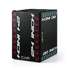 A black rectangular plyometric box with red and white geometric side panels and white text reading 'CAP', '24 INCH' and '20 INCH'.