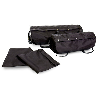 Black canvas utility tool bag with snap studs and adjustable shoulder strap
