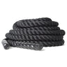 Black braided battle rope attachment with rubber end grips and durable textured material