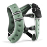 Protective sports shin guards in dark green textured foam with black adjustable straps and padding