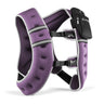 Purple neoprene skate helmet pads with adjustable black strap and metal protective guard