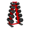 Red adjustable dumbbell rack machine with black hex dumbbells and steel frame for home gym
