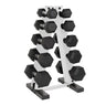 Adjustable dumbbell rack with black hex dumbbells and white powder-coated steel frame